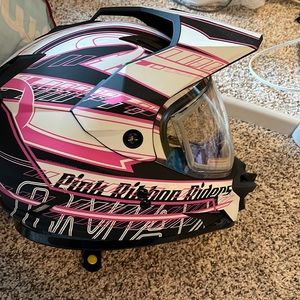 Womens GMAX Pink Ribbon Riders snowmobile helmet with heated face shield